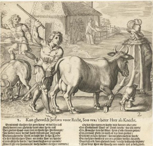 The bailiff leads the farmer's cow away