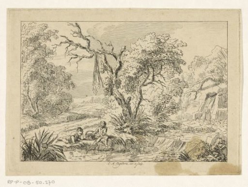 River landscape with a fishing boy