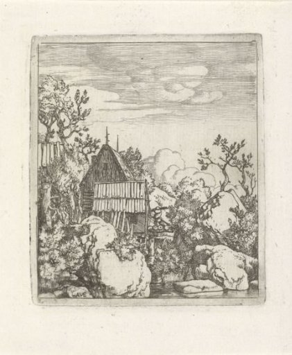 Landscape with barn between boulders