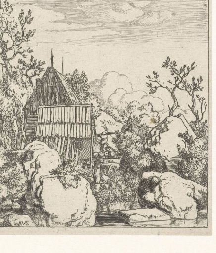 Landscape with barn between boulders