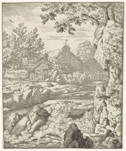 Landscape with church and waterfall