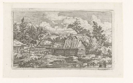 Landscape with ruined house and man sawing