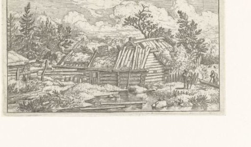 Landscape with ruined house and man sawing