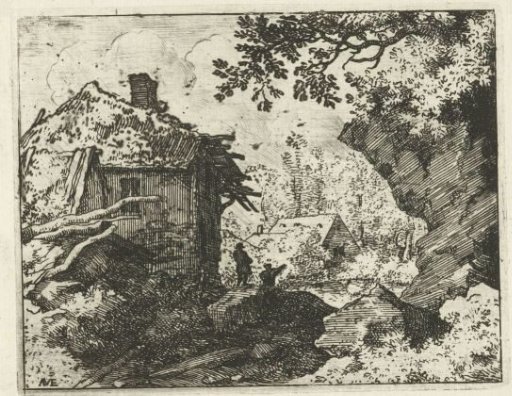 Two figures near a ruined house