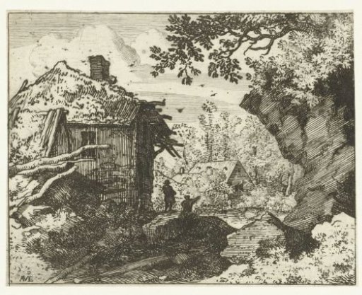 Two figures near a ruined house
