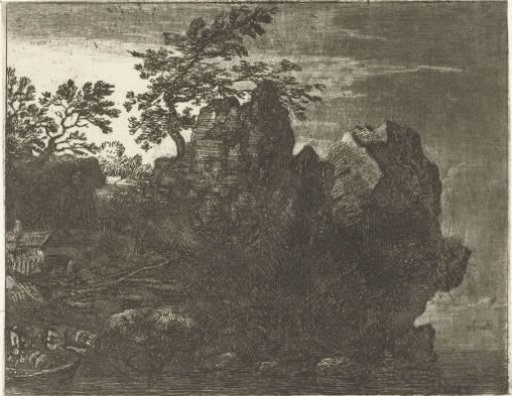 Large rocky outcrop by a river