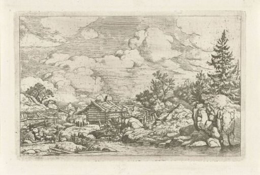 Landscape with three goats by the water