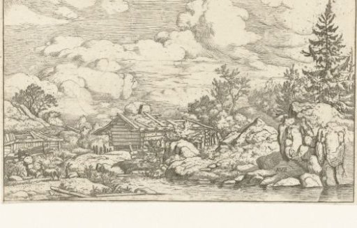 Landscape with three goats by the water