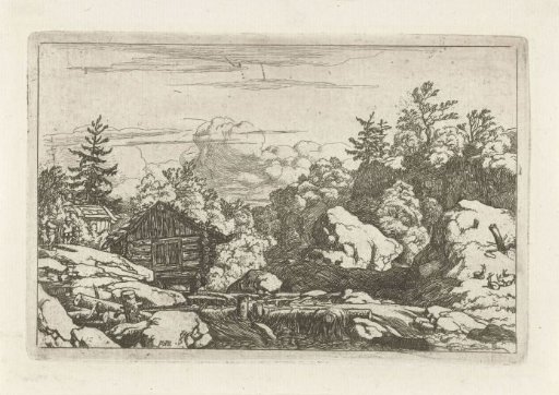 Landscape with a hut near a waterfall
