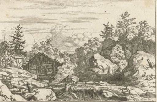 Landscape with a hut near a waterfall
