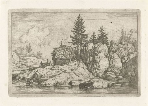 Landscape with four spruces near a hut