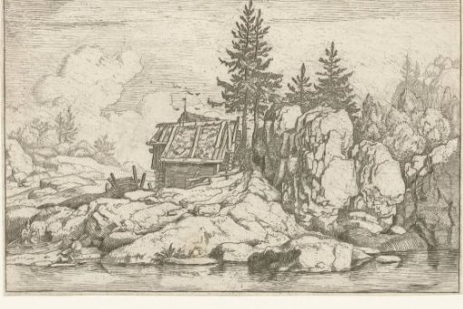 Landscape with four spruces near a hut
