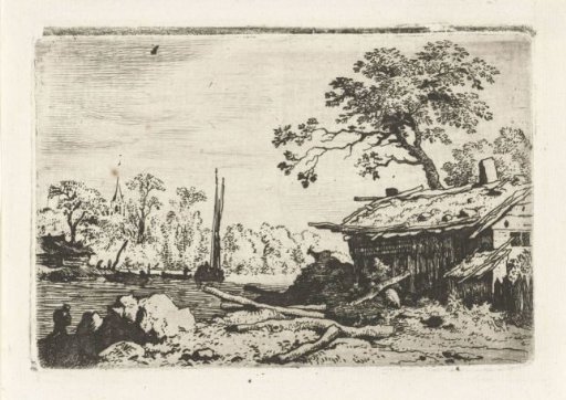 Landscape with a ruined hut by the water
