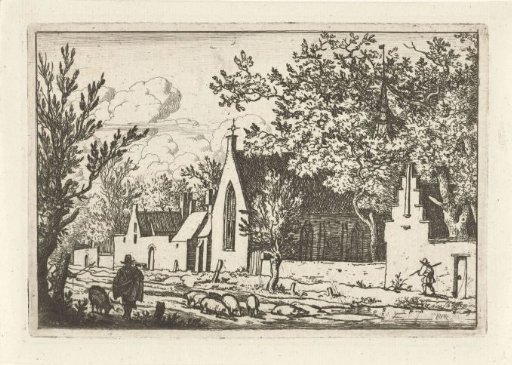 Swineherd near a church