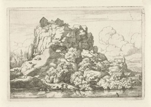 Landscape with river at the foot of a high rock