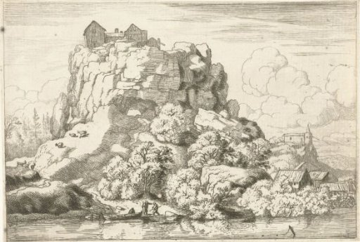 Landscape with river at the foot of a high rock