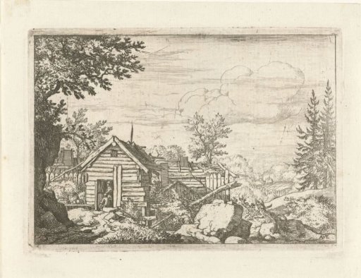 Landscape with two men in the doorway of a wooden hut