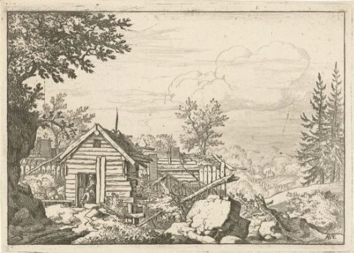 Landscape with two men in the doorway of a wooden hut