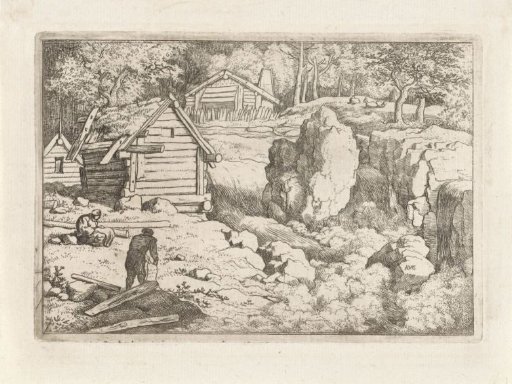 Landscape with three wooden cottages