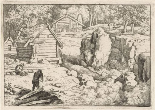 Landscape with three wooden cottages