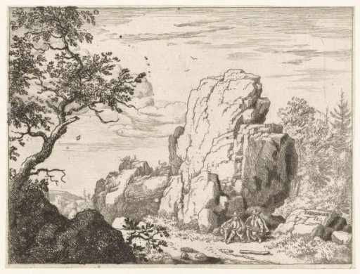 Landscape with two gentlemen sitting at the foot of a rock