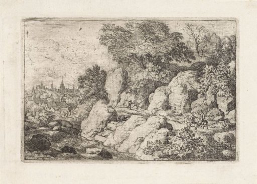 Landscape with two riders on a rocky path