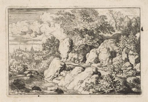 Landscape with two riders on a rocky path