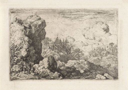 Three travellers at the foot of a rock