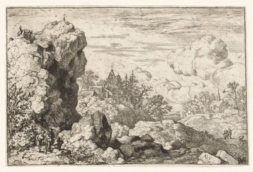 Three travellers at the foot of a rock