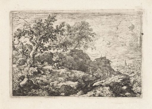 Landscape with seated figure on a mountain