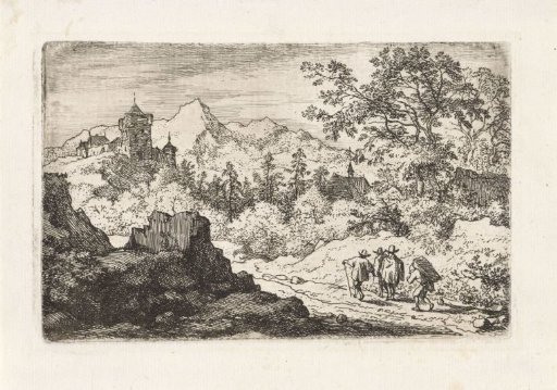 Mountain landscape with three walkers and a porter