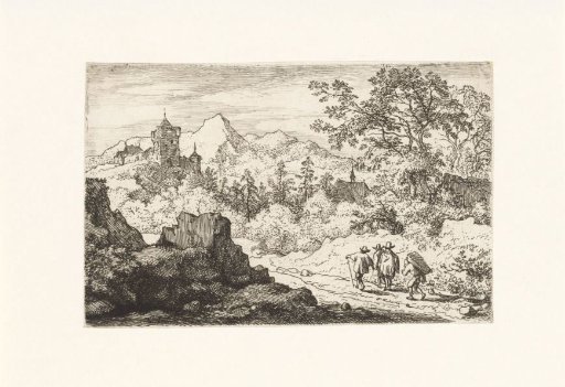 Mountain landscape with three walkers and a porter