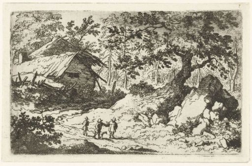 Three walkers at a ruined house