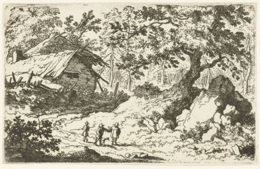 Three walkers at a ruined house