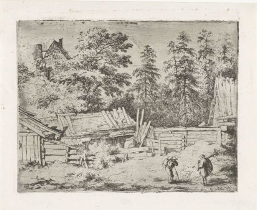 Two Travelers in Front of Dilapidated Wooden Houses