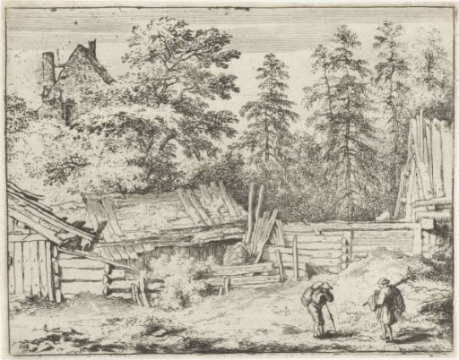Two Travelers in Front of Dilapidated Wooden Houses