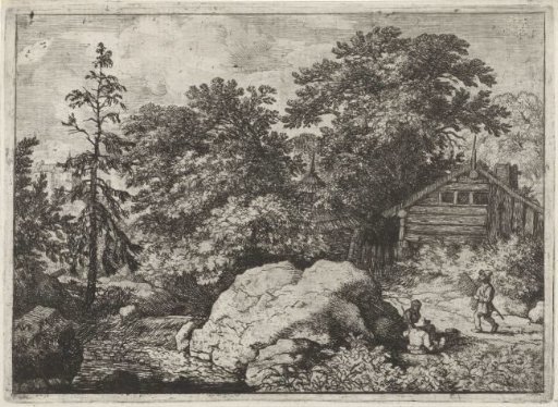 Landscape with three figures near a rock