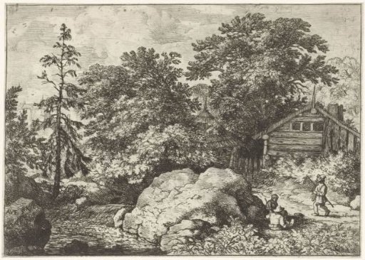 Landscape with three figures near a rock