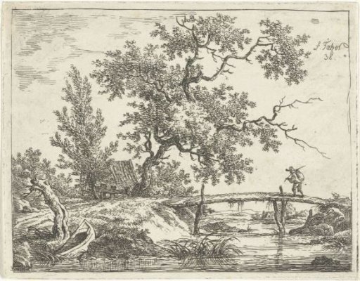 Landscape with man on bridge