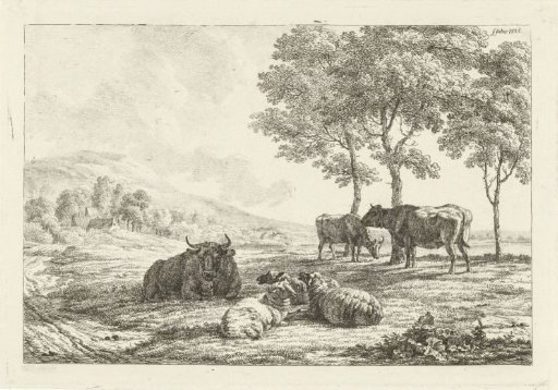 Flock of sheep and oxen under the trees