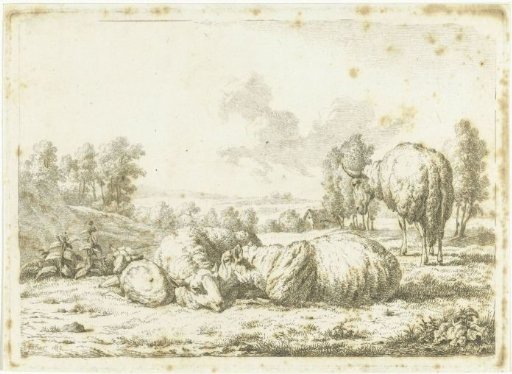 Landscape with three sheep and a lamb