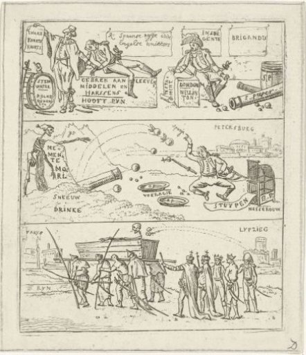 Satirical print with three images about the losses in Spain, Moscow, and Leipzig