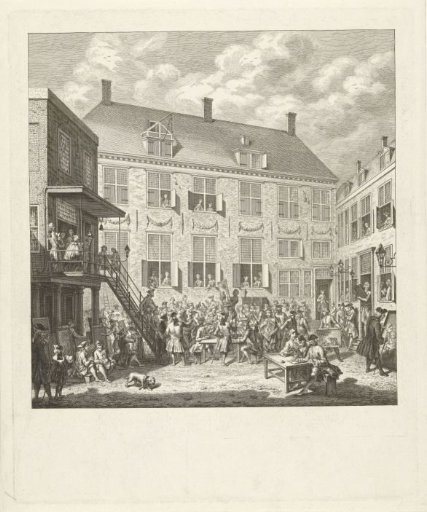 Sale of paintings in the courtyard of the Oudezijds Heerenlogement in Amsterdam