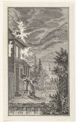 Man beating a woman in front of a burning house