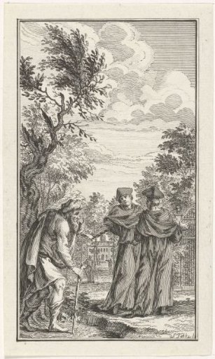 Old man addressing two clergymen