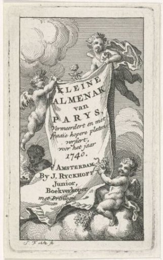 Four putti holding a cloth with text