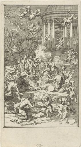 Allegorical representation with the Muses warming themselves at the fire of bad books
