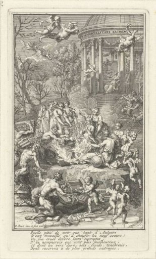 Allegorical representation with the Muses warming themselves at the fire of bad books