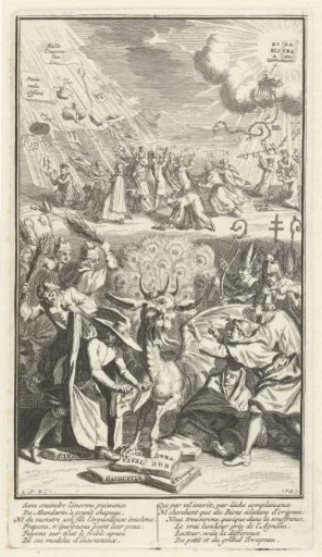 Allegorical representation with a monster trampling on the New Testament and other books