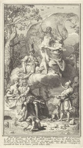 Allegorical title page with the writer Jean de La Fontaine and his muse